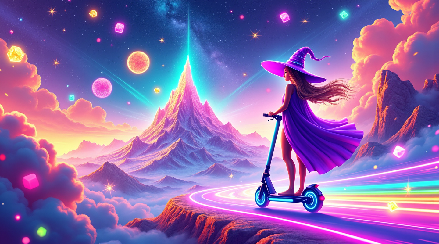 Büyülü dağlar üzerinde uçan cadı